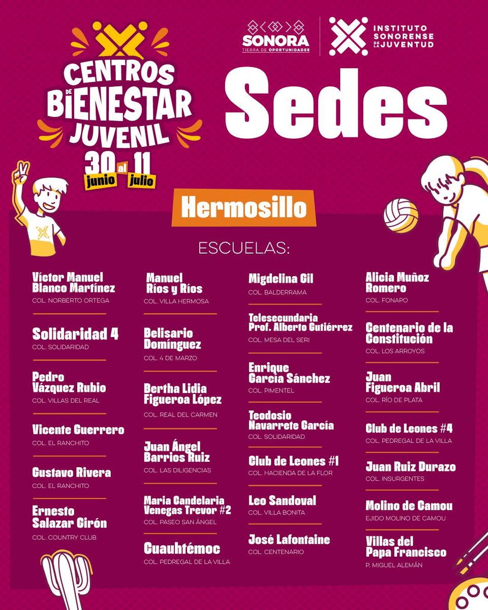 ¡Los Centros de Bienestar Juvenil ya están listos! 🎉

Del 30 al 11 de julio las y los jóvenes de Sonora podrán vivir un verano lleno de aventuras, ¡fútbol, arte, defensa personal, psicología y más!

📍 Conoce todas las sedes y acude a la más cercana…
¡Te esperamos!