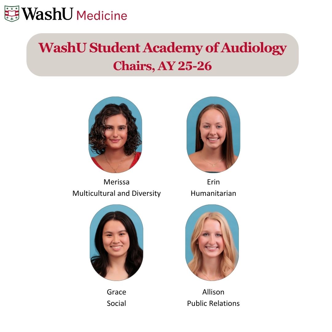 WashUPACS's tweet image. Congratulations to the newly elected AuD student officers and chairs who will be representing the WashU Medicine Student Academy of Audiology (SAA) Chapter for the 2025-26 Academic Year! #deafeducation #audiology #washu #washupacs #washumedicine #hearingloss #hearing