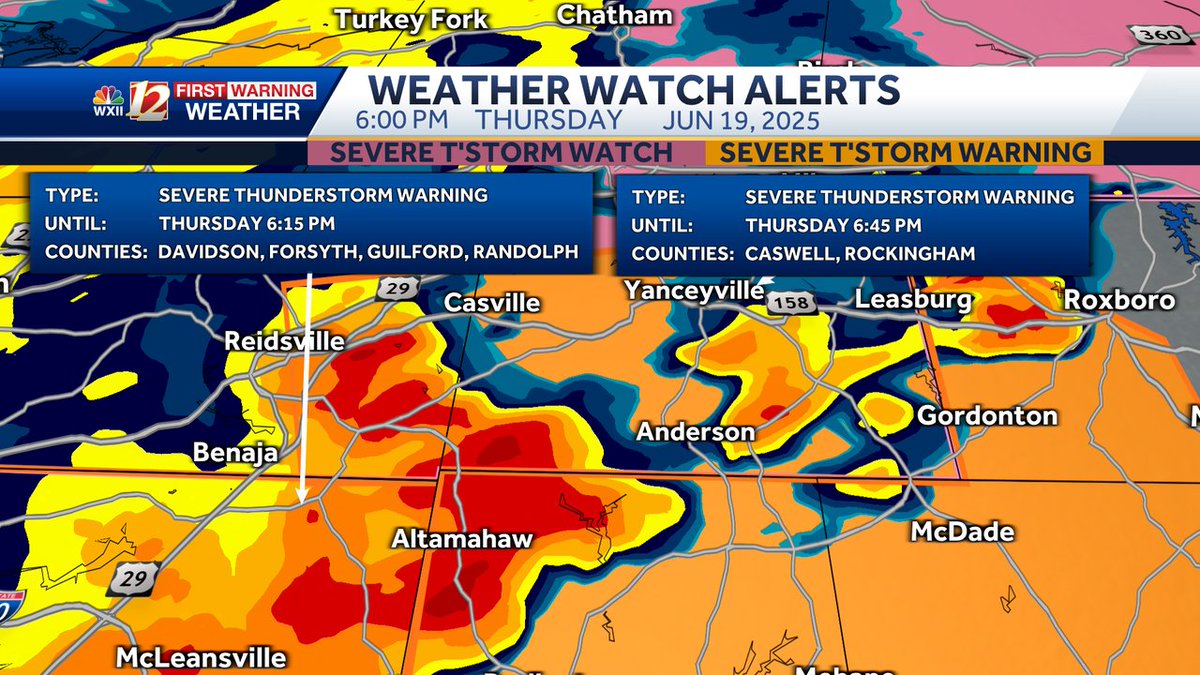 A Severe Thunderstorm Warning has been issued for the areas highlighted in orange on the map. If you are in the warning zone, please head to the interior of your house, and move away from windows and doors. wxii12.com/radar