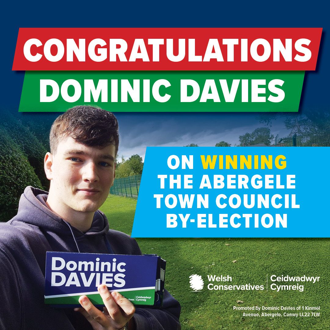 🚨𝗪𝗘𝗟𝗦𝗛 𝗖𝗢𝗡𝗦𝗘𝗥𝗩𝗔𝗧𝗜𝗩𝗘 𝗚𝗔𝗜𝗡🚨

🔵 🎉 Congratulations to <a href="/DominicDavies04/">Cllr Dominic Davies</a> winning today's Abergele Town Council by-election.

💪🏴󠁧󠁢󠁷󠁬󠁳󠁿 Welsh Conservatives 64.8%, Reform 26.8%, Independent 8.4%.

Only the <a href="/WelshConserv/">Welsh Conservatives 🏴󠁧󠁢󠁷󠁬󠁳󠁿</a> can #FixWales!
