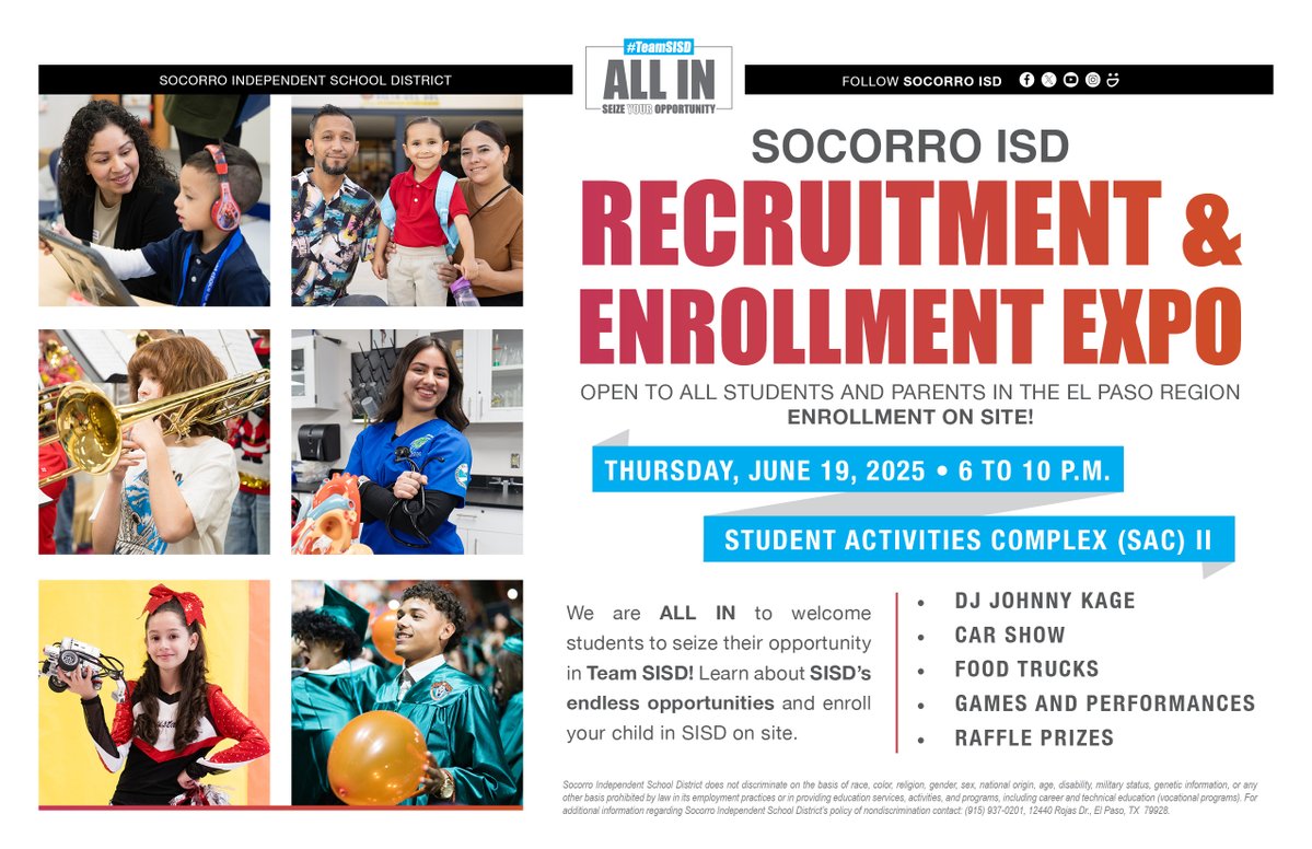 HAPPENING TODAY! We’re #ALLIN and thrilled to welcome YOU to the #TeamSISD family!

Don’t miss our Recruitment &amp; Enrollment Expo — TONIGHT, June 19, 2025, from 6 to 10 p.m.

🍎  Meet our amazing team
✏️  Explore endless opportunities
🚍  Enroll your child on site

This is more