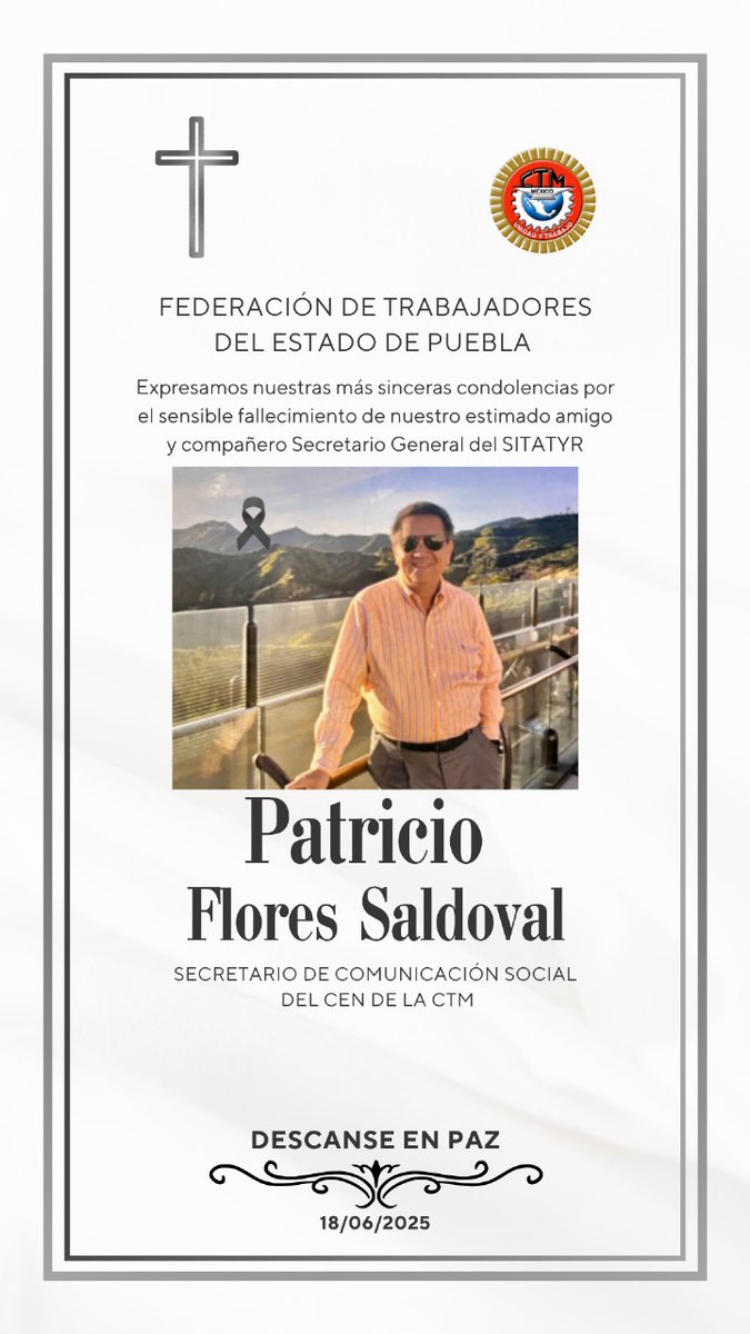 #Luto Encabezad@s por Nuestro Secretario General <a href="/leobardosoto/">Leobardo Soto</a> Líderes Sindicales Rendimos Honores a la Memoria de Nuestro Estimado Amigo ✝️ PATRICIO FLORES SANDOVAL ✝️ Secretario General <a href="/SITATYR_CEN/">SITATYR</a> y Secretario de Comunicación Social, del CEN de la <a href="/CTM_MX/">CTM Nacional</a>
