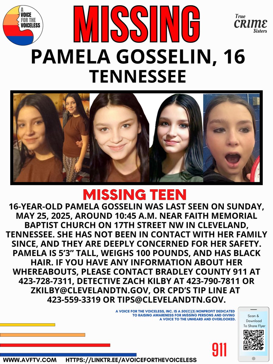 🚨 MISSING TEEN – CLEVELAND, TENNESSEE 🚨
16-year-old Pamela Gosselin was last seen on Sunday, May 25, 2025, around 10:45 a.m. near Faith Memorial Baptist Church on 17th Street NW in Cleveland, TN. She has not been in contact with her family since that time, and they are