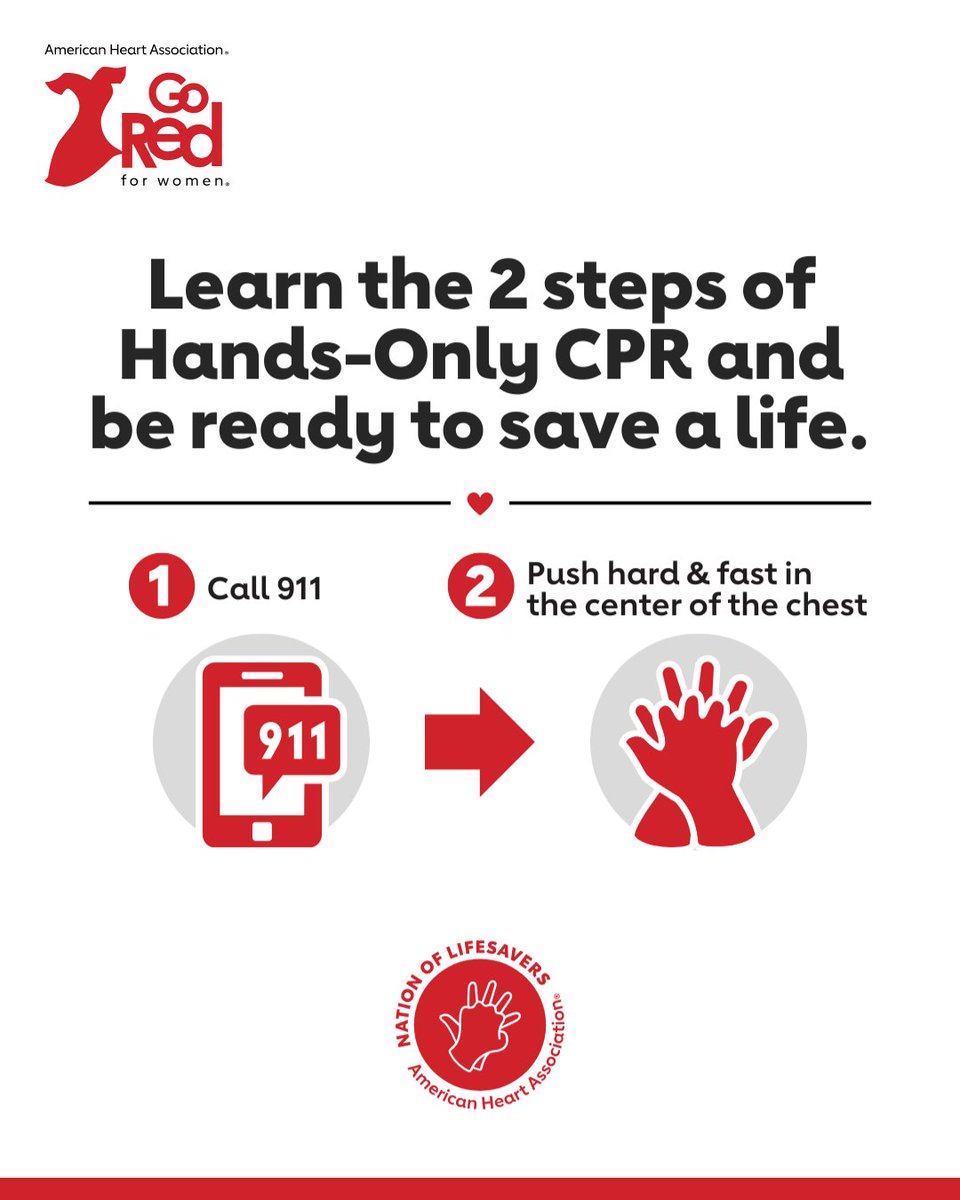 Nine out of 10 people who experience an out-of-hospital cardiac arrest do not survive. 💔 But immediate CPR can double or triple a person's chance of survival. ♥️ 

Be a bystander who can save a life. Learn the two simple steps of Hands-Only CPR: Call 911, and push hard and fast