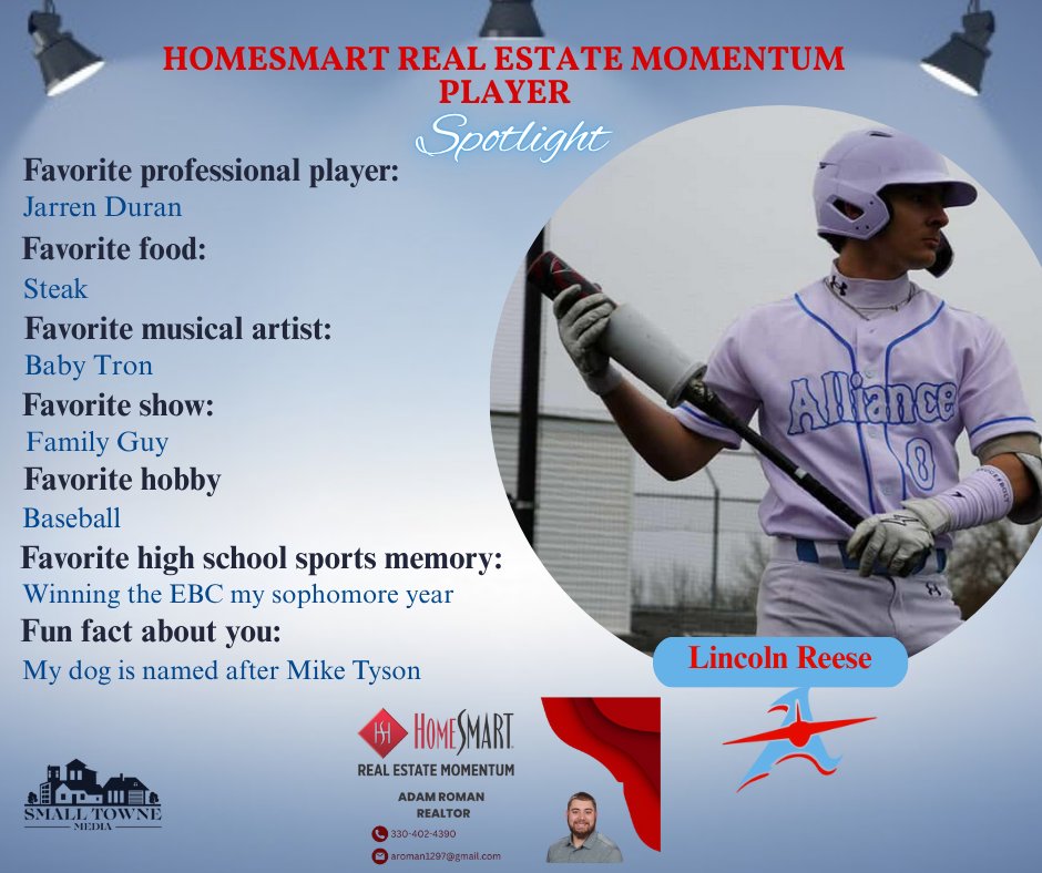 Small Towne Media (@smalltownemedia) on Twitter photo HomeSmart Real Estate Momentum Spotlight:
Lincoln Reese (<a href="/Reese2Lincoln/">Lincoln Reese</a>) / 2026 - Alliance Aviators
Contact Adam Roman for your home selling & buying needs at 330-402-4390 or aroman1297@gmail.com HomeSmart Real Estate Momentum Spotlight:
Lincoln Reese (<a href="/Reese2Lincoln/">Lincoln Reese</a>) / 2026 - Alliance Aviators
Contact Adam Roman for your home selling & buying needs at 330-402-4390 or aroman1297@gmail.com