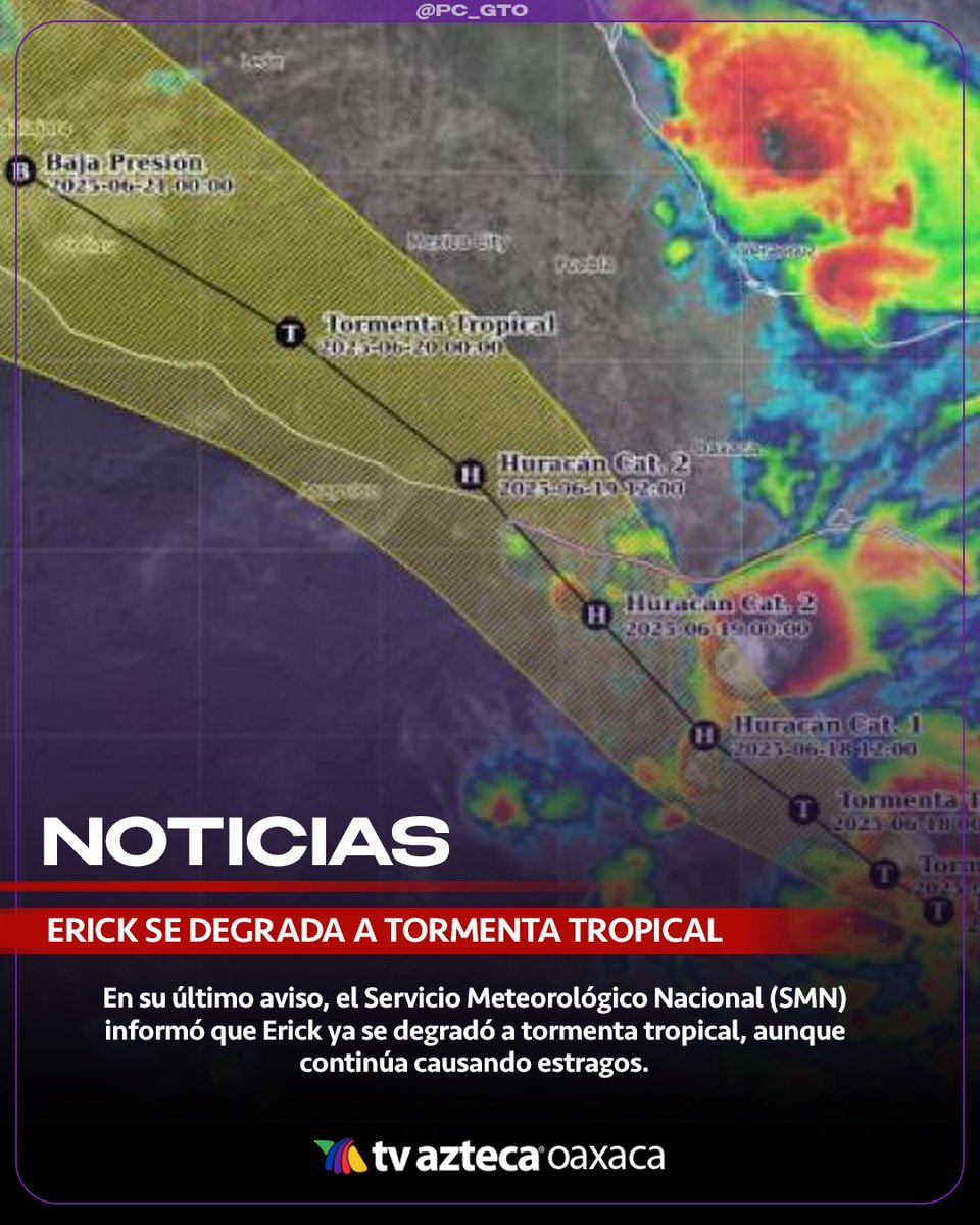 #ÚltimaHora 🟥 Erick se degrada a tormenta tropical, aunque sigue provocando lluvias.  #noticias #oaxaca #news #oaxacadejuarez #TvAztecaOaxaca