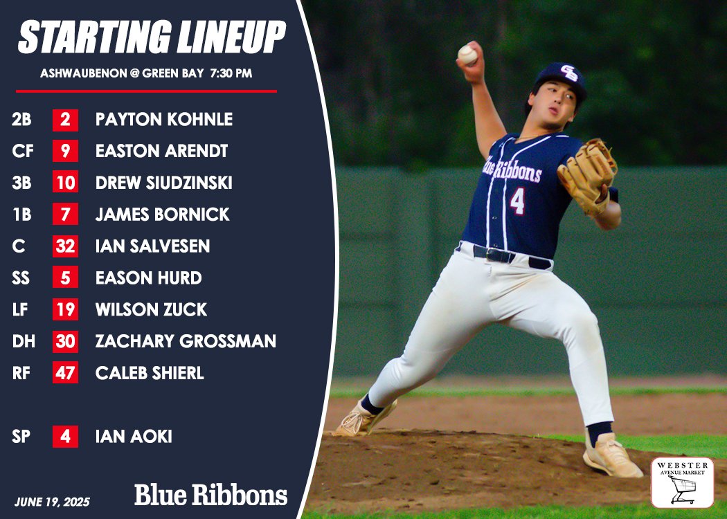 Starting lineup for tonight's game against the Ashwaubenon Lookouts. #blueribbonsbaseball