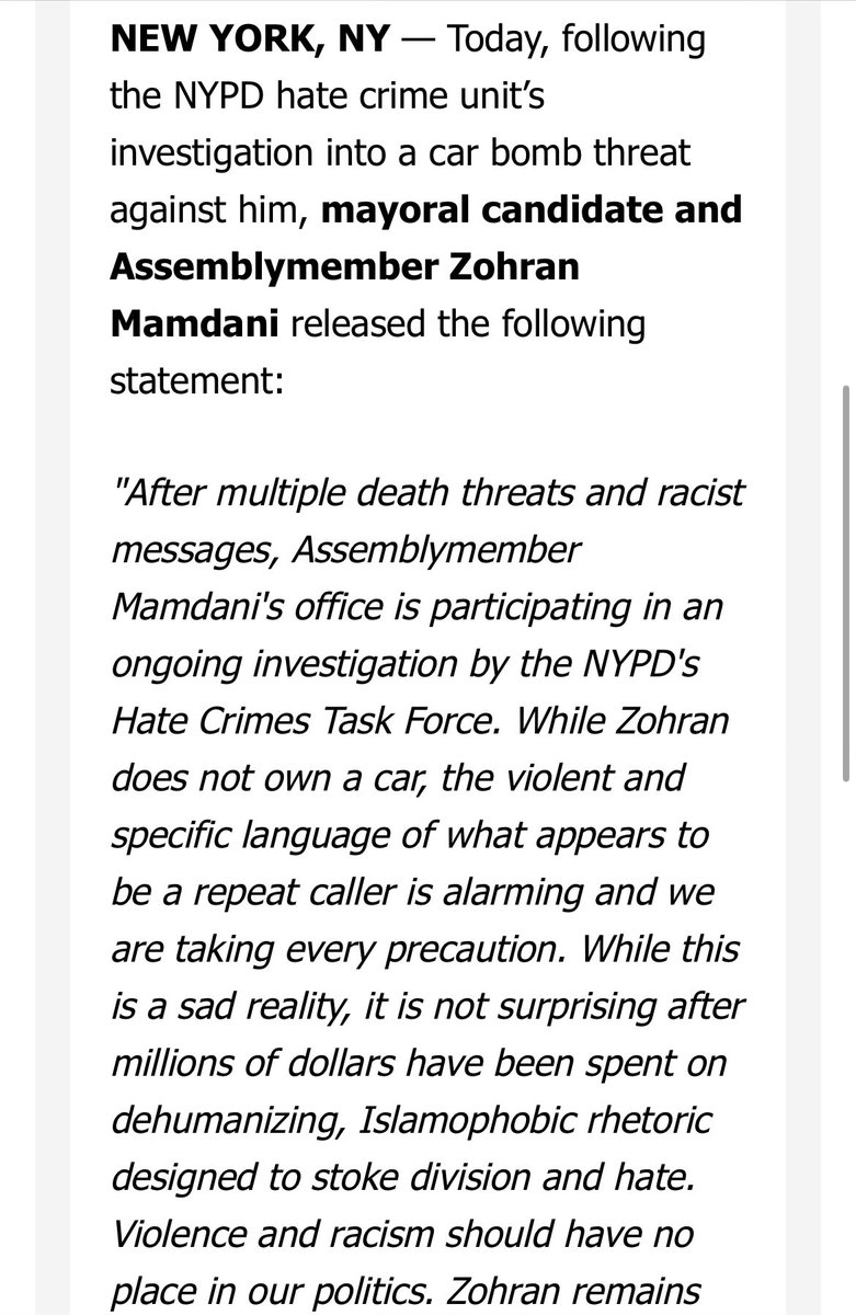 Andrew Giambrone (@andrewgiambrone) on Twitter photo NYC mayoral candidate <a href="/ZohranKMamdani/">Zohran Kwame Mamdani</a> says police are investigating a car-bomb threat against him. he’s hired security because he’s received multiple anti-Muslim and racist threats as he campaigns, <a href="/lizkimtweets/">Elizabeth Kim</a> reported this week: gothamist.com/news/zohran-ma… NYC mayoral candidate <a href="/ZohranKMamdani/">Zohran Kwame Mamdani</a> says police are investigating a car-bomb threat against him. he’s hired security because he’s received multiple anti-Muslim and racist threats as he campaigns, <a href="/lizkimtweets/">Elizabeth Kim</a> reported this week: gothamist.com/news/zohran-ma…