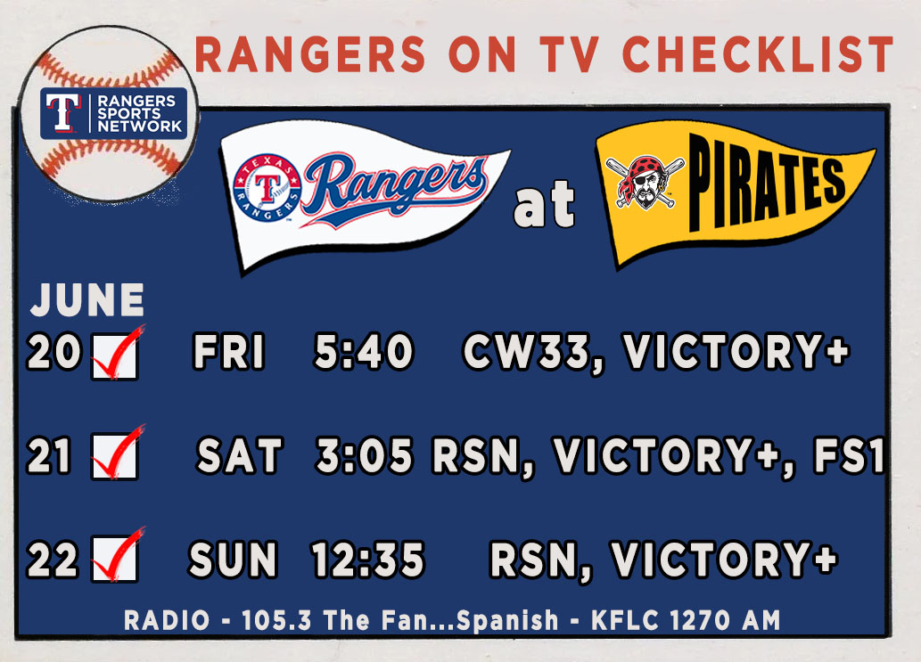 Texas Rangers TV schedule for the weekend series in Pittsburgh.