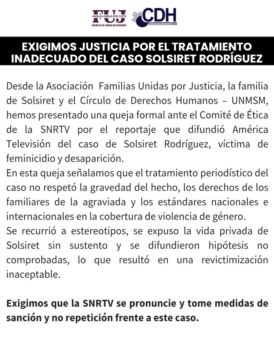 Rechazamos el reportaje de 'Evidencia Oculta' sobre Solsiret Rodríguez por revictimización y tratamiento inadecuado. Exigimos respeto y justicia. Presentamos queja formal ante SNRTV. Los medios deben informar con responsabilidad y respeto hacia las víctimas y su familia.