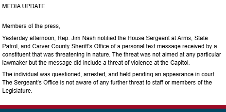 xanderosier's tweet image. House GOP says constituent received text message including "threat of violence" at state Capitol. Person was arrested. Reposting because I misread the original statement.