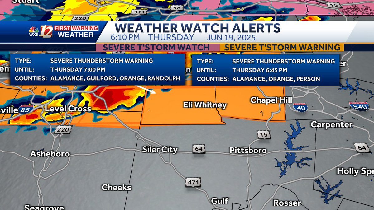 A Severe Thunderstorm Warning has been issued for the areas highlighted in orange on the map. If you are in the warning zone, please head to the interior of your house, and move away from windows and doors. wxii12.com/radar
