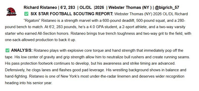 Huge thanks to <a href="/sixstarfootball/">Six Star Football | PLUS+</a> for the evaluation at the <a href="/MiamiOHFootball/">Miami Football</a> Academic Mega Camp! #RiseUpRedHawks #Trenches #Titantough