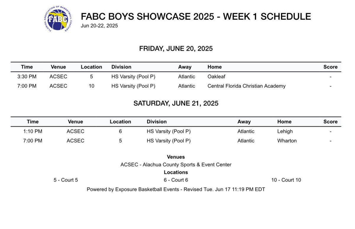 Schedule for this weekend in Gainesville