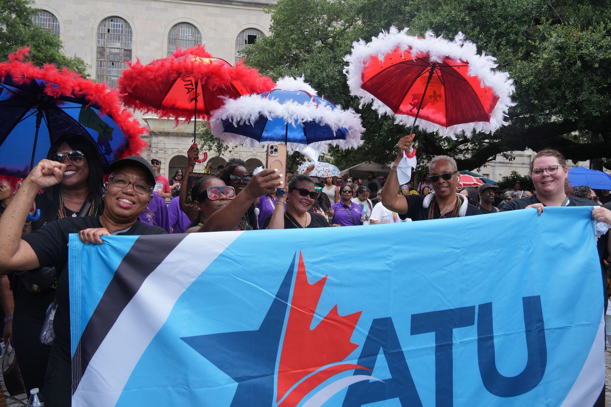ATUComm's tweet image. What an incredible day to march in the Juneteenth Celebration in New Orleans, Louisiana, alongside the ATU Women's Caucus and ATU Locals from across North America!
We walked with pride, remembering the past while pushing forward for a better future. Juneteenth represents freedom,…