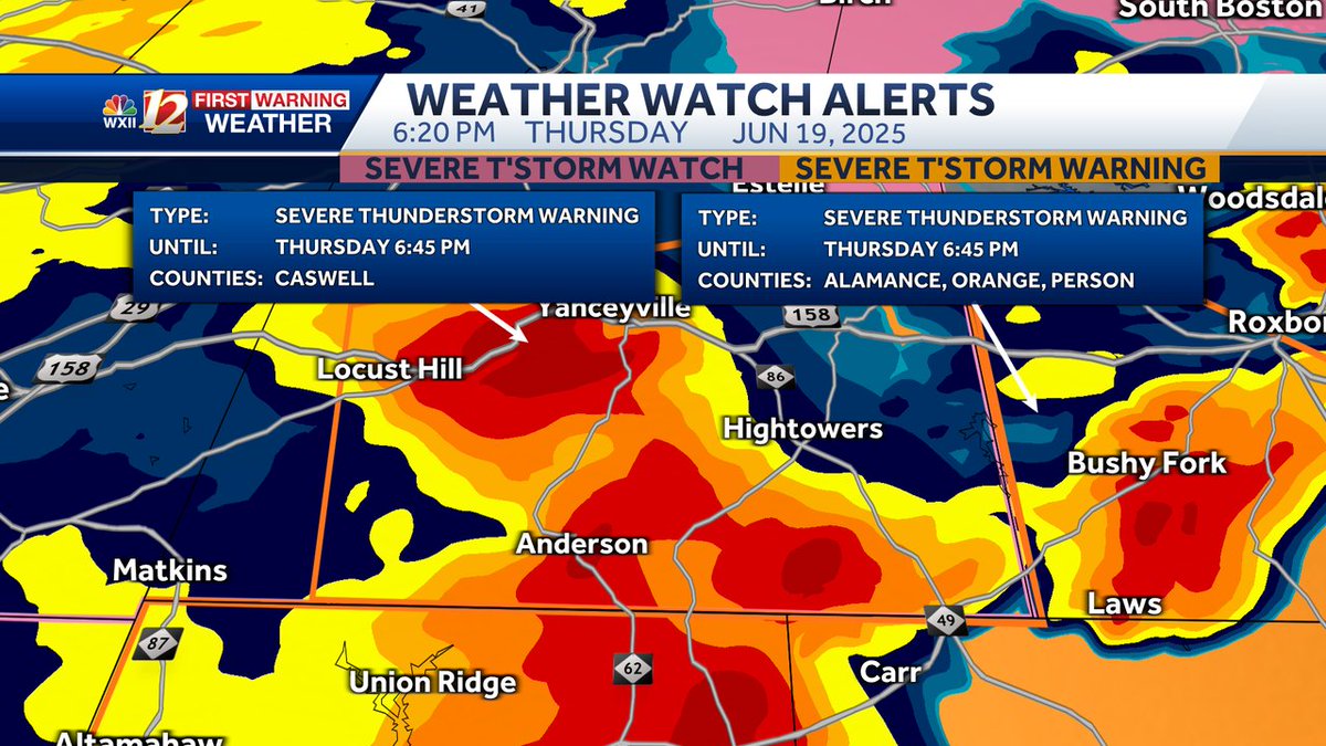 A Severe Thunderstorm Warning has been issued for the areas highlighted in orange on the map. If you are in the warning zone, please head to the interior of your house, and move away from windows and doors. wxii12.com/radar