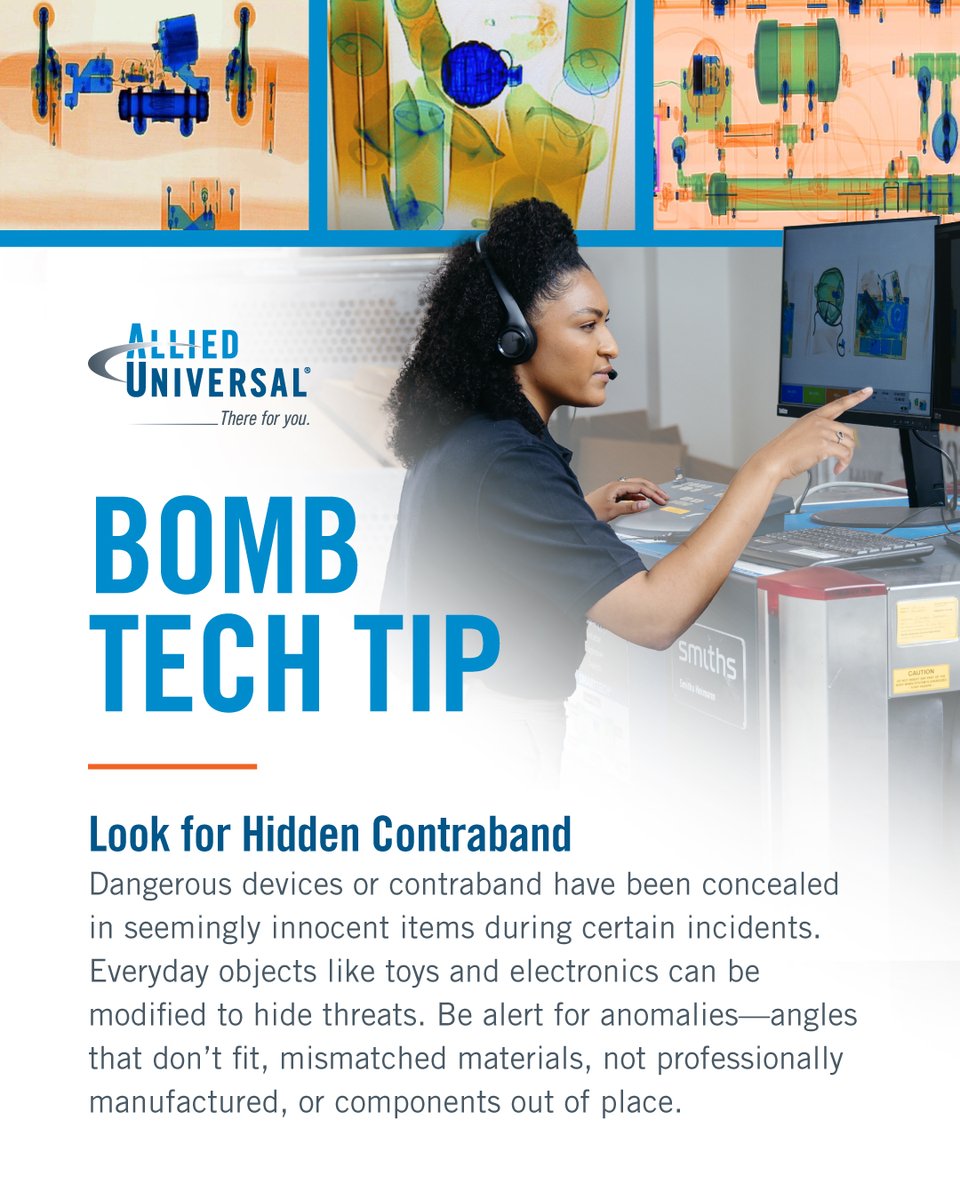 Each month, one of our expert bomb techs shares a tip to help keep security teams informed and prepared. 

Save and share this tip with your team to stay ready.

#AlliedUniversal #BombTechTip #SafetyFirst #SecurityTips #PublicSafety