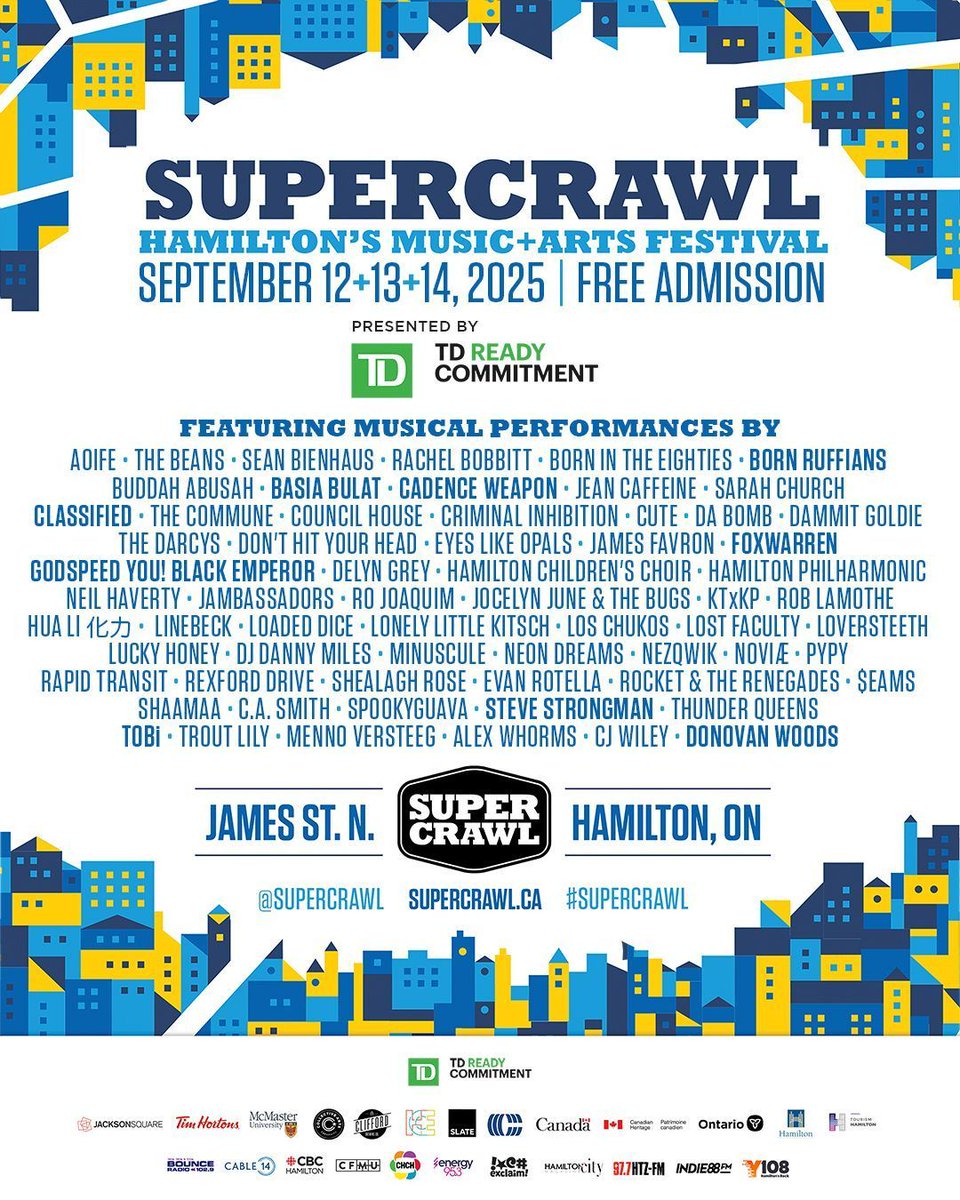 The Supercrawl 2025 Music Lineup is HERE! 🔥

Supercrawl presented by @td_canada returns to James North September 12th-14th - Joining 17 years of FREE music, visual arts, fashion, dance, theatre, talks, family fun &amp; more! 

➡️ Explore more at supercrawl.ca