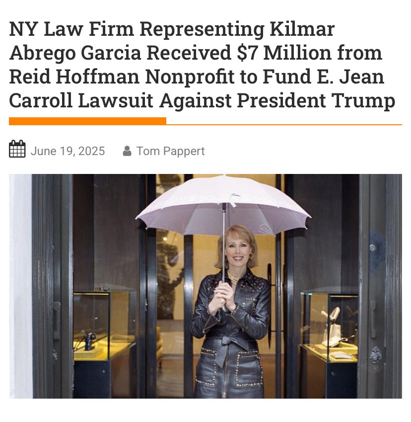 🚨 Kilmar Abrego Garcia has retained the same law firm used by E. Jean Carroll to sue Trump

Democrat mega donor Reid Hoffman gave them $7 million in 2020