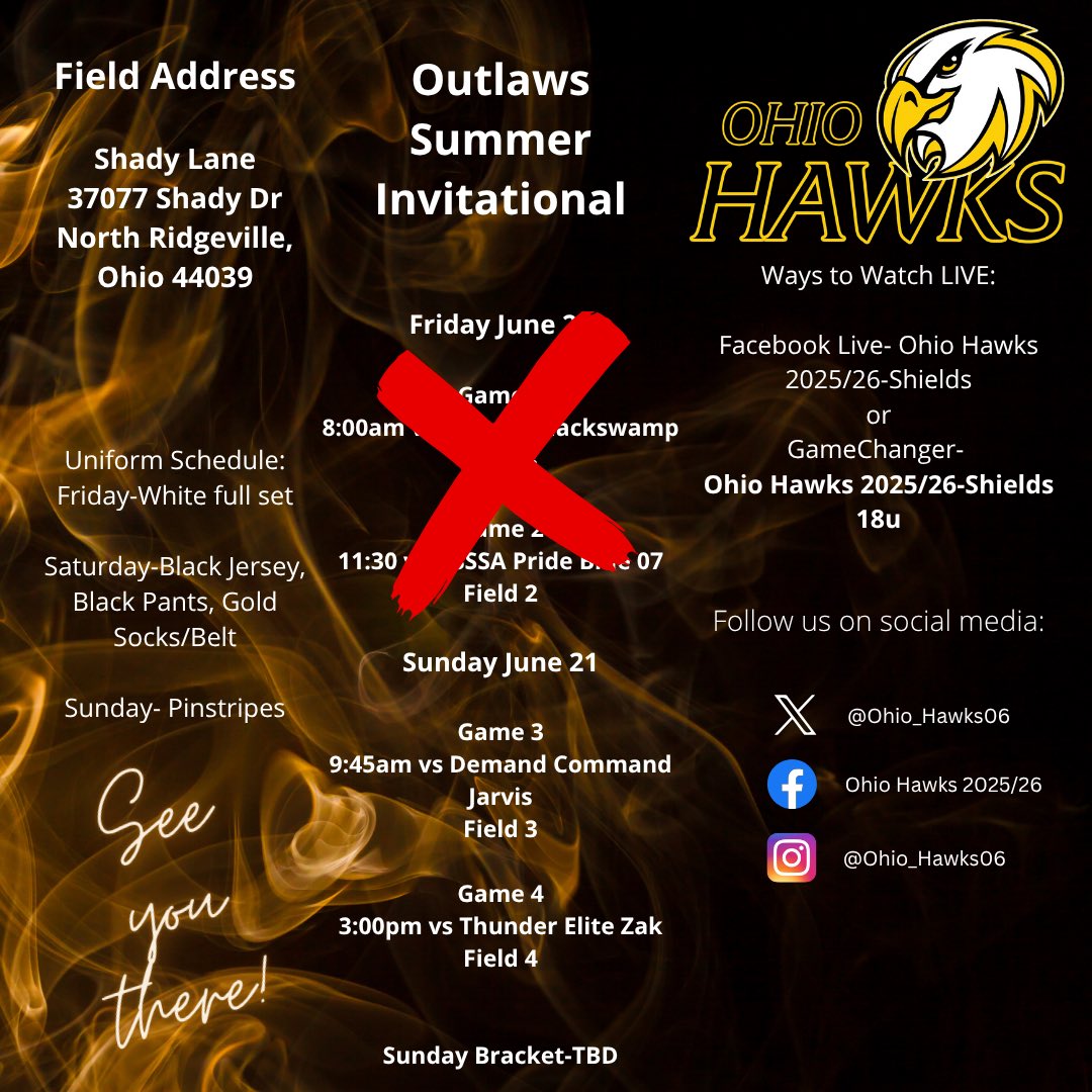 Ohio Hawks 2025/26-Shields (@ohio_hawks06) on Twitter photo Updated schedule for <a href="/d1fastpitch1/">D1 Fastpitch</a> Outlaws event!! Rain washed out our first two games on Friday. See you Saturday!! #GoHawks Updated schedule for <a href="/d1fastpitch1/">D1 Fastpitch</a> Outlaws event!! Rain washed out our first two games on Friday. See you Saturday!! #GoHawks