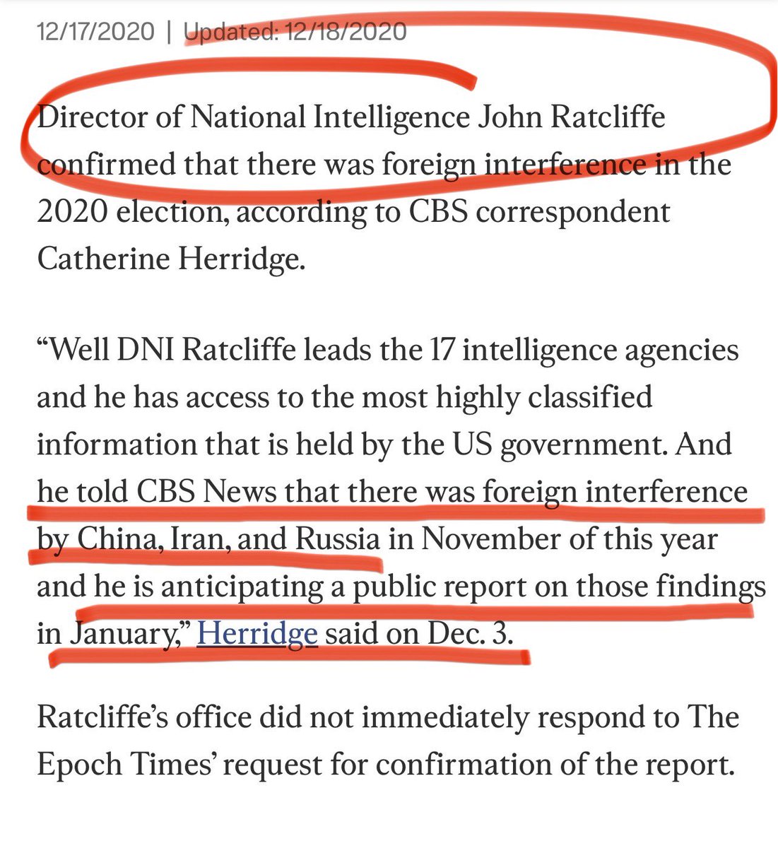 Four years ago, as a CBS News Senior Investigative Correspondent, then-DNI Ratcliffe <a href="/CIADirector/">CIA Director John Ratcliffe</a> confirmed there  was foreign interference by China in 2020.

But this reporting did not align with the MSM narrative about the Presidential election. 

The new declassification of