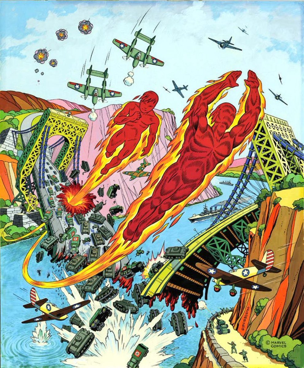 Into the Weird (@intoweird) on Twitter photo The Original Human Torch and Toro taking out some Nazis. Art by Alex Schomburg #Marvel The Original Human Torch and Toro taking out some Nazis. Art by Alex Schomburg #Marvel