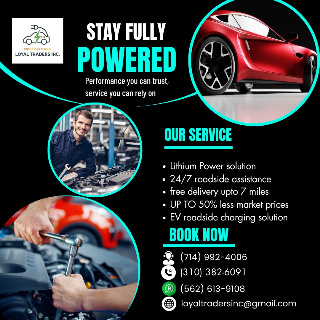 LoyalTradersinc's tweet image. Stay fully powered with Loyal Traders Inc. We offer lithium batteries, EV charging, and 24/7 roadside help. Free 7-mile delivery &amp;amp; up to 50% off. Fast service for all vehicles.
📞 (714) 992-4006 | (310) 382-6091 | (562) 613-9108
#BatteryExperts #LoyalTraders #CarBattery #EVCharge