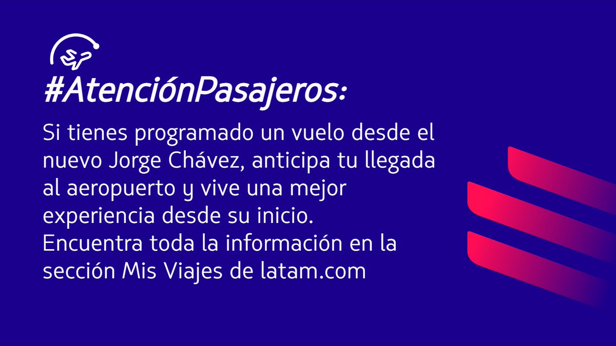 #AtenciónPasajeros: Si vuelas desde el nuevo Jorge Chávez en Lima, debes llegar con 3 horas de anticipación a vuelos internacionales. Si tu viaje es nacional debes presentarte al menos 2 horas antes. 
Conoce el estado de tu vuelo en latam.com