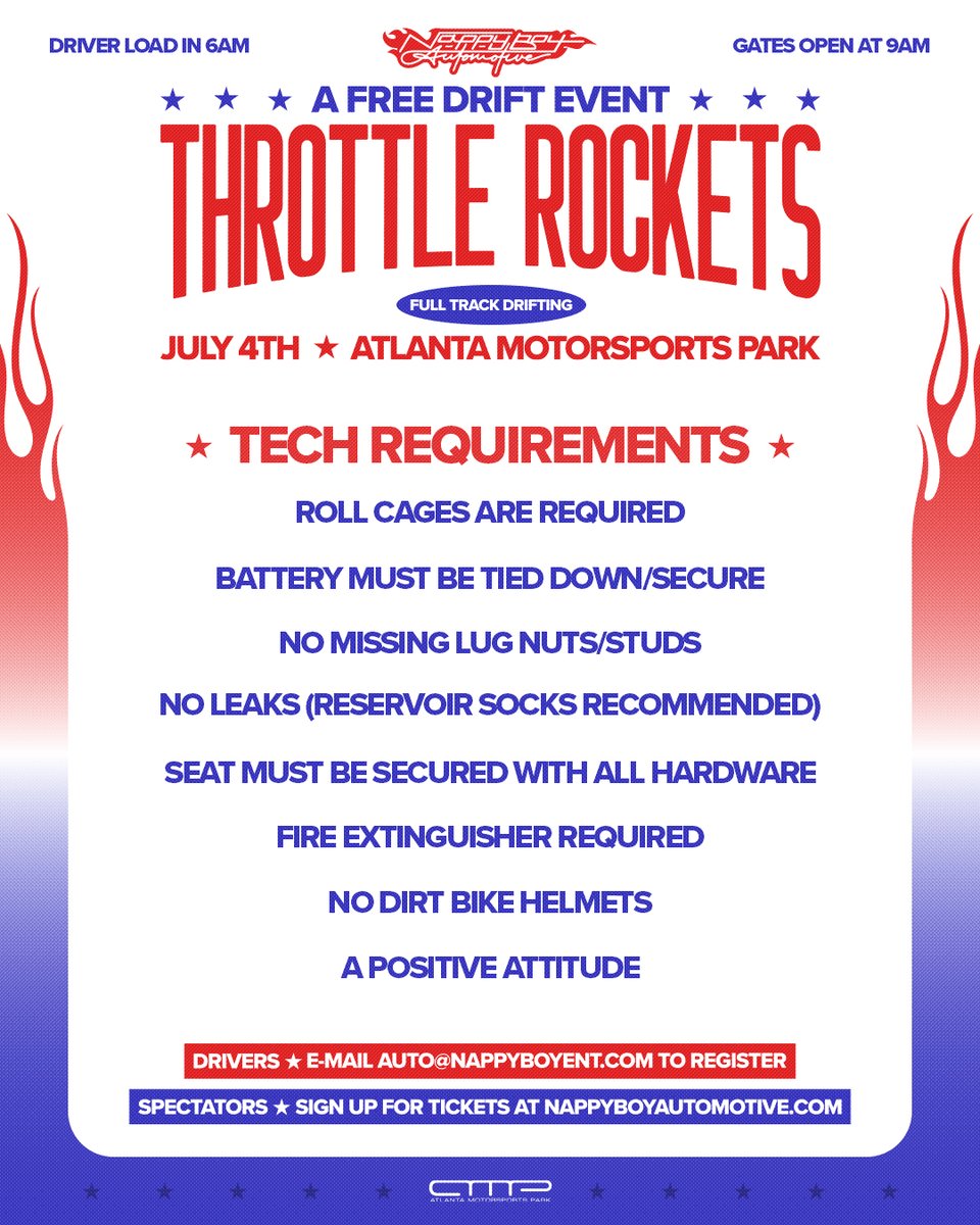 SURPRISE! DRIFTERS and SPECTATORS we are throwing you a FREE Drift Event at Atlanta Motorsports Park on the 4th of July. That’s right….we said FREE. It’s our way of saying thank you to everyone for all the love 🙏🏿 -&gt; NappyBoyAutomotive.com to sign up for tickets!
-From Hert &amp;