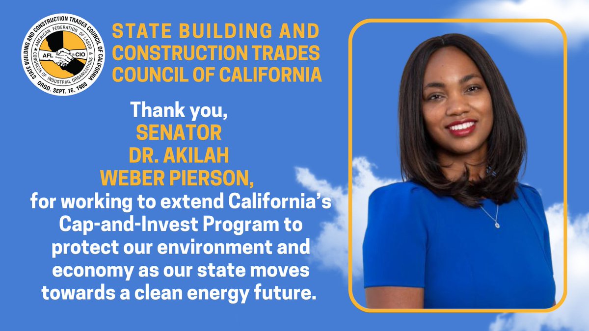 California Building Trades Council (@ca_bldg_trades) on Twitter photo Thank you, <a href="/drakilahweber/">Akilah Weber, MD</a>, for working to extend California's Cap-and-Invest Program to protect our environment and economy as our state moves towards a clean energy future. #caleg
<a href="/CAgovernor/">Governor Gavin Newsom</a> <a href="/GovPressOffice/">Governor Newsom Press Office</a> <a href="/TheIronworkers/">Iron Workers Union</a> <a href="/iuoe_union/">International Union of Operating Engineers</a> <a href="/CANV_OE/">CA-NV Conference of Operating Engineers</a> <a href="/TeamstersCA/">Teamsters California</a> <a href="/smartunionworks/">SMART Union</a> Thank you, <a href="/drakilahweber/">Akilah Weber, MD</a>, for working to extend California's Cap-and-Invest Program to protect our environment and economy as our state moves towards a clean energy future. #caleg
<a href="/CAgovernor/">Governor Gavin Newsom</a> <a href="/GovPressOffice/">Governor Newsom Press Office</a> <a href="/TheIronworkers/">Iron Workers Union</a> <a href="/iuoe_union/">International Union of Operating Engineers</a> <a href="/CANV_OE/">CA-NV Conference of Operating Engineers</a> <a href="/TeamstersCA/">Teamsters California</a> <a href="/smartunionworks/">SMART Union</a>