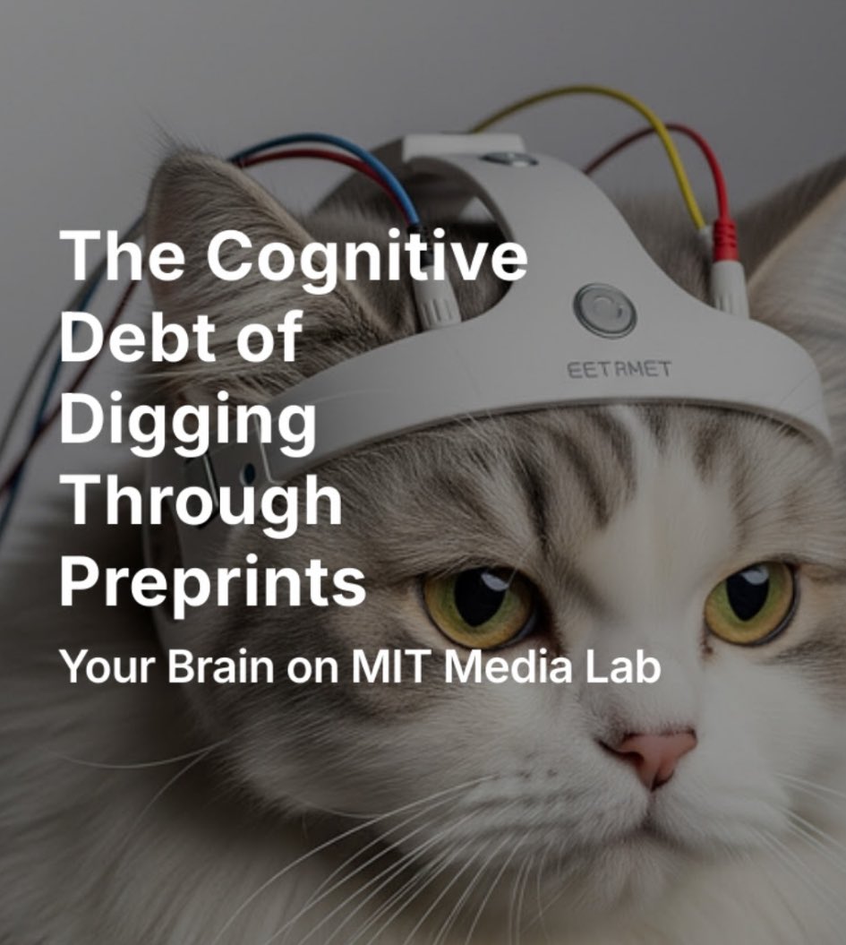 BenShindel's tweet image. I wrote a whole blog post on the “Your Brain on ChatGPT” preprint.
Ultimately, it’s a thought-provoking piece of research, even though it has a number of interesting flaws that are pretty easy to poke fun at.