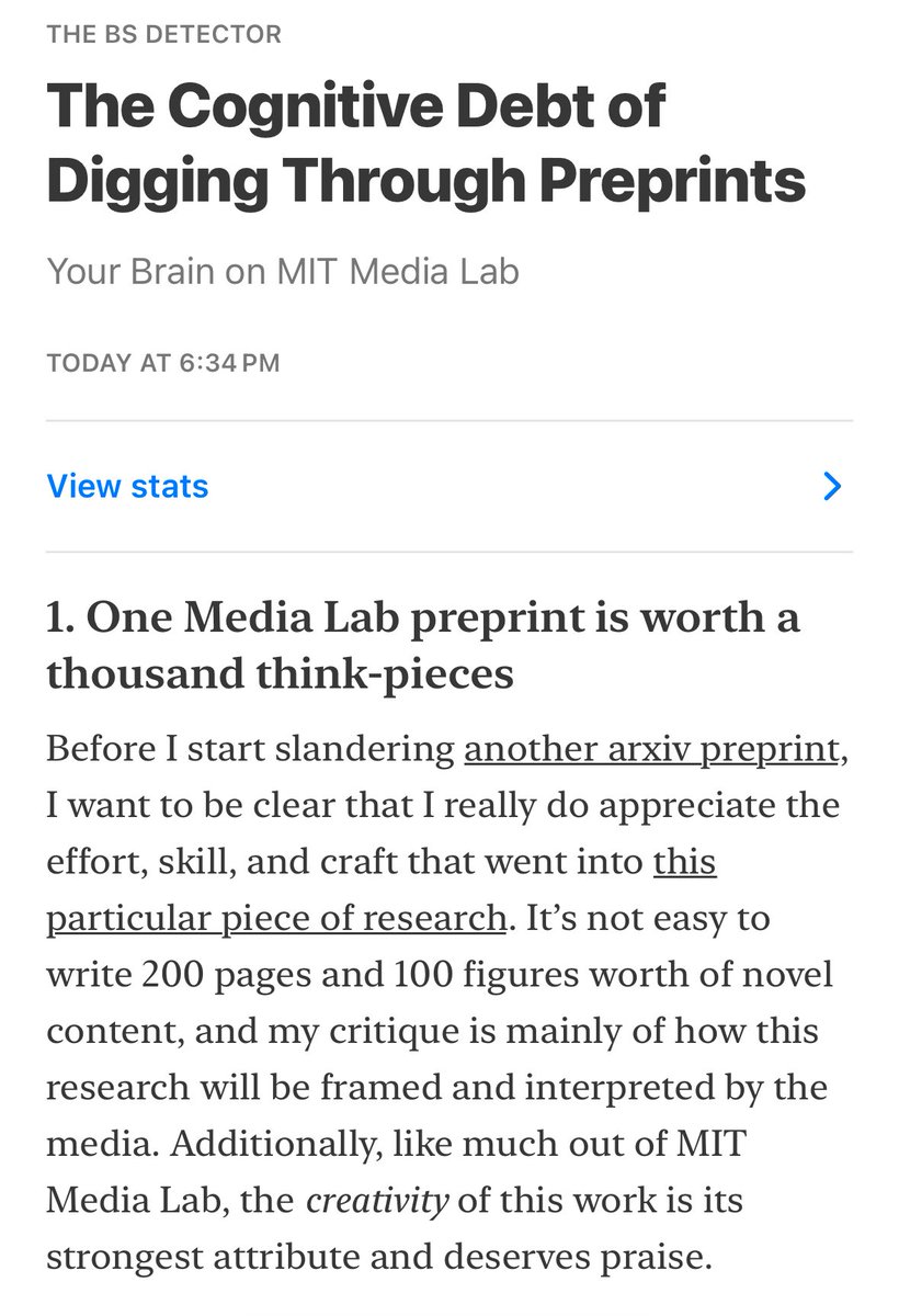 BenShindel's tweet image. I wrote a whole blog post on the “Your Brain on ChatGPT” preprint.
Ultimately, it’s a thought-provoking piece of research, even though it has a number of interesting flaws that are pretty easy to poke fun at.