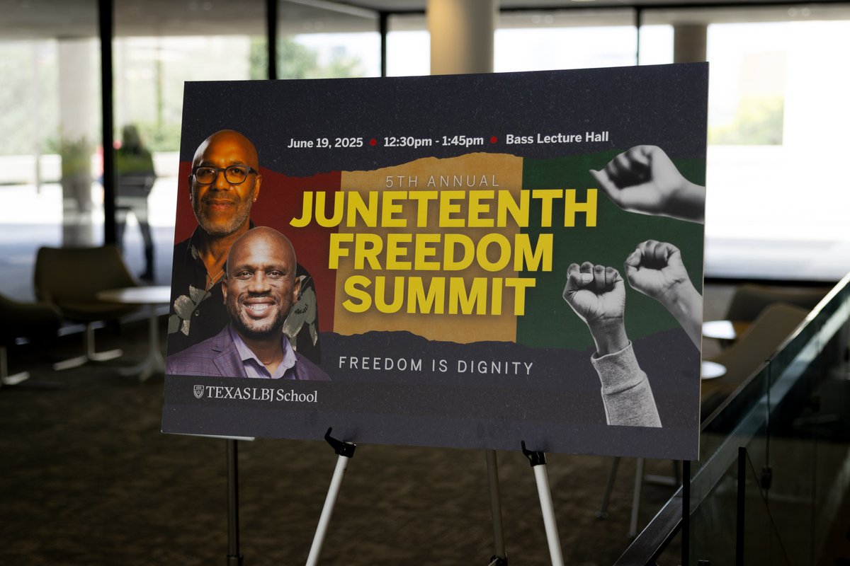 TheLBJSchool's tweet image. #Juneteenth at LBJ is a time to honor history, uplift community, and celebrate the ongoing pursuit of freedom. 🤘
Our 5th annual Freedom Summit—“Freedom is Dignity”—featured a powerful conversation with Dr. Peniel Joseph, Dr. Glen Singleton, and Dr. Kazique Jelani Prince.