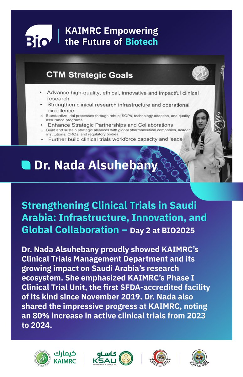 Speaking at BIO2025, Dr. Nada Alsuhebany, Chairperson of the Clinical Trial Unit at KAIMRC, highlighted the growing impact of KAIMRC’s Clinical Trials Management Department on Saudi Arabia’s research landscape. 

#SaudiBiotech #BIO2025 #KAIMRC #ClinicalTrials #Vision2030