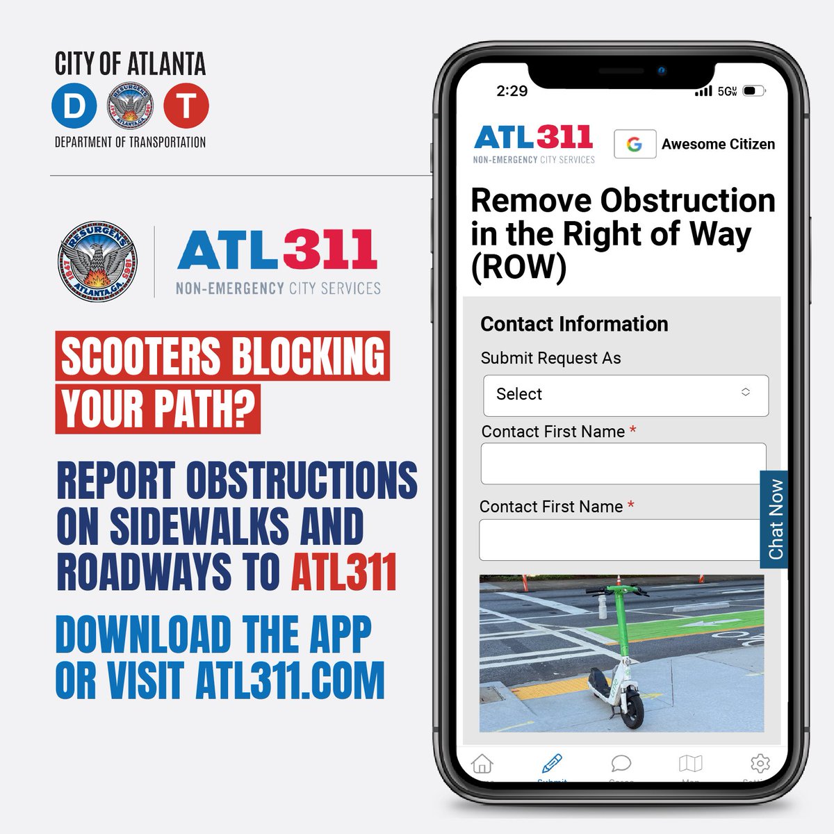 Hey, Atlanta walkers and rollers! Have you come across dockless devices, equipment, or other interruptions in your path? Remember to report obstructions on our sidewalks to <a href="/ATL311/">Atlanta 311</a>. Be very detailed about the location information.
#OneSafeCity #VisionZeroATL