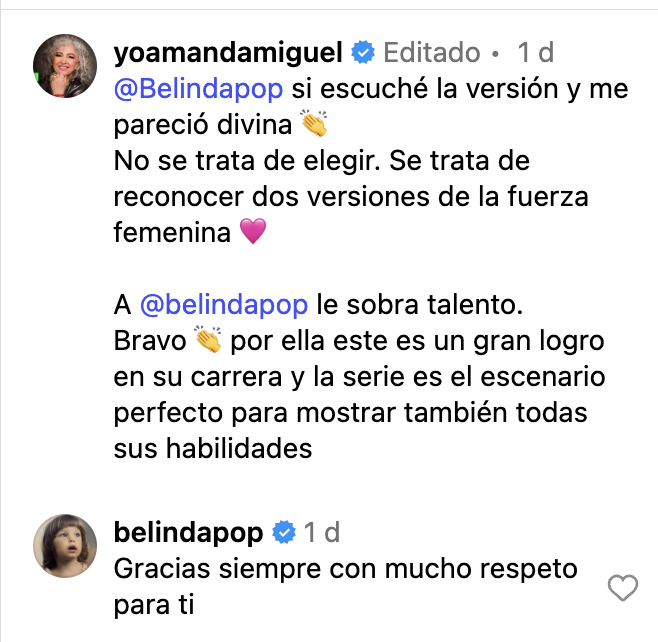 #OMG | Girl power! 🩷🎶
Amanda Miguel ocupó sus redes sociales para felicitar a Belinda por cómo interpretó su canción "Él me mintió" en #MentirasLaSerie.

"A Belinda le sobra talento. Bravo 👏 por ella este es un gran logro en su carrera y la serie es el escenario perfecto para