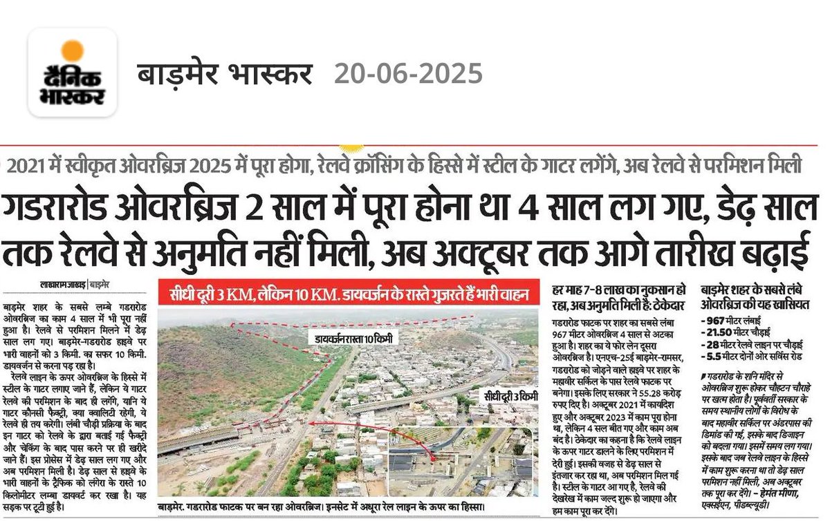LAKHA RAM JAKHAR (@lakharamjakhar) on Twitter photo गडरारोड ओवरब्रिज 2 साल में बनाना था, 4 साल लग गए, डेढ़ साल से डायवर्ट रास्ता से 10 किमी. चक्कर लगा गुजर रहे भारी वाहन, अब रेलवे से परमिशन मिली, ठेकेदार बोला- अक्टूबर तक पूरा करा देंगे। <a href="/RajCMO/">CMO Rajasthan</a> <a href="/BhajanlalBjp/">Bhajanlal Sharma</a> <a href="/KailashBaytu/">Kailash Choudhary</a> गडरारोड ओवरब्रिज 2 साल में बनाना था, 4 साल लग गए, डेढ़ साल से डायवर्ट रास्ता से 10 किमी. चक्कर लगा गुजर रहे भारी वाहन, अब रेलवे से परमिशन मिली, ठेकेदार बोला- अक्टूबर तक पूरा करा देंगे। <a href="/RajCMO/">CMO Rajasthan</a> <a href="/BhajanlalBjp/">Bhajanlal Sharma</a> <a href="/KailashBaytu/">Kailash Choudhary</a>