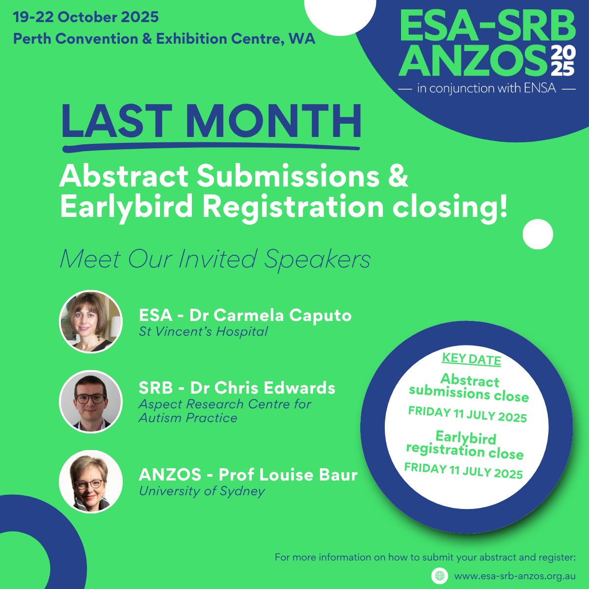 🚨 Last month to submit!
Abstract submissions &amp; earlybird rego for #ESASRBANZOS2025 close Fri 11 July!
📅 19–22 Oct 2025
📍 Perth Convention &amp; Exhibition Centre
Check out our invited speakers 👇
Dr Carmela Caputo • Dr Chris Edwards • Prof Louise Baur
🔗 esa-srb-anzos.org.au