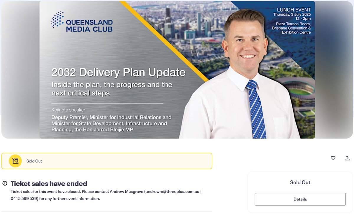 The #2032DeliveryPlan Update ​event is #soldout. Thanks to all the fans of the business of sport who will hear <a href="/JarrodBleijieMP/">Jarrod Bleijie</a> give the 1st official update on the delivery plan. We looking forward to welcoming everyone to this important conversation on Olympic delivery &amp; legacy.