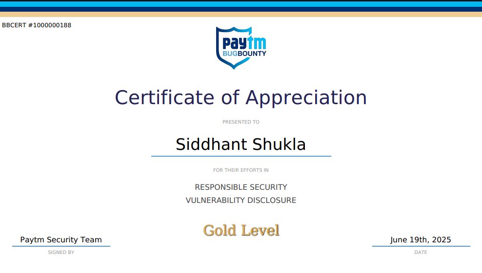 Happy to secure <a href="/Paytm/">Paytm</a> once again as I got Gold Level Security Appreciation Certificate from Paytm.
#bugbountytips #BugBounty #bughunter #hacking #CyberSecurity #hackers