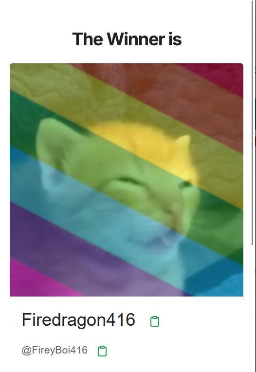 Winners ( Had to reroll one cause they did not follow any of us )

<a href="/zar_qv/">𝕏@⃟⃤ ⃟ ⃟⃤ ⃟⃟⃤ ⃟ ⃟⃤ ⃟𝕏</a>  @FeliciaWifey  and <a href="/FireyBoi416/">Firedragon416</a> 

And yes Firey won only because someone couldn't listen to simple rules. If you followed at least one of us I would of let u win tbh.

24 hours to dm me