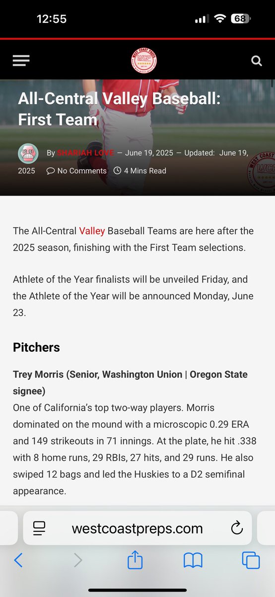 WUHS_Baseball's tweet image. Congratulations to Trey Morris on making 1st team all section. Trey will play next year at Oregon State! Great season Trey!