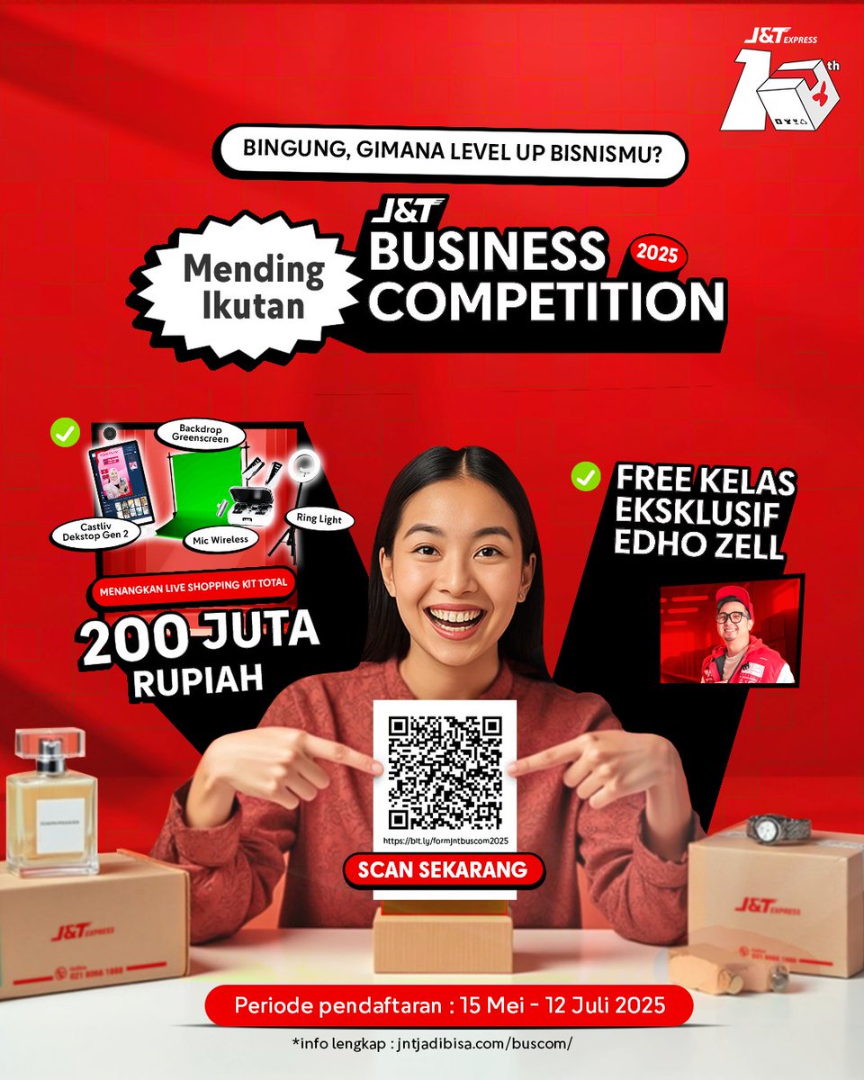 Mau bisnis kamu naik level &amp; dapet live shopping kit total 200 JUTA?

Yuk ikutan #JNTBusinessCompetition
- Belajar langsung dari Edho Zell
- Menangkan live shopping kit
- Bikin bisnismu makin stand out di pasar!

Daftar 🔗 bit.ly/formjntbuscom2…
Periode : 15 MEI - 12 JULI 2025