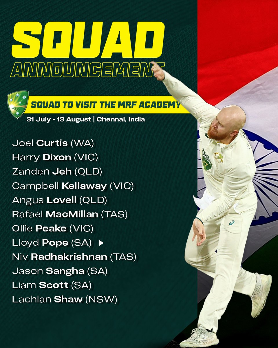 CA's National Selection Panel (NSP) has chosen 12 men’s players to visit the MRF Academy in Chennai. 
 
The 13-day visit is predominantly focused on emerging batters, wicketkeepers and spin bowlers the NSP feel will benefit from experiencing the conditions of the sub-continent.