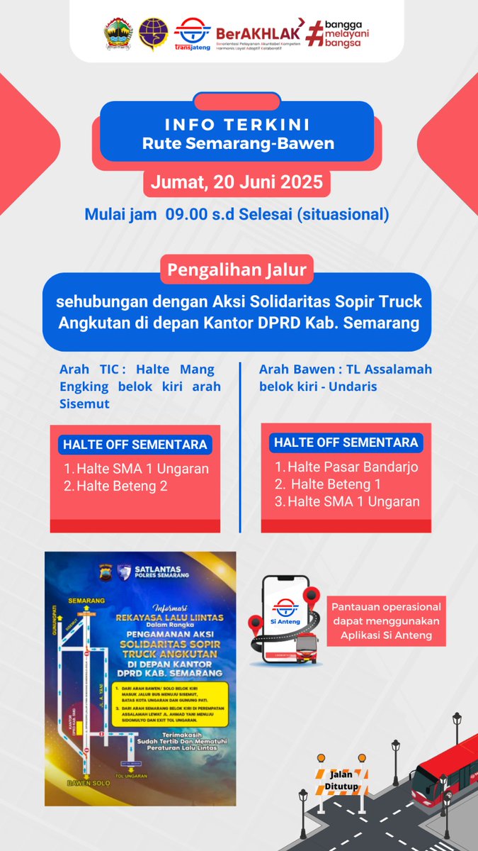 🚧 Info Pengalihan Jalur Sementara
Jumat, 20 Juni 2025 | Rute Semarang–Bawen.
Cek rincian halte off dan jalur via aplikasi Si Anteng ya!

<a href="/perhubunganjtg/">Perhubungan Jateng</a> 
<a href="/kominfo_jtg/">Kominfo Jateng</a>