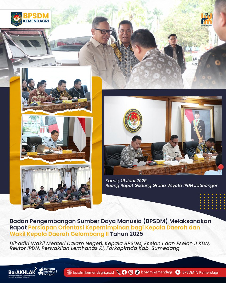 BPSDM Kemendagri melaksanakan Rapat Persiapan Orientasi Kepemimpinan bagi Kepala Daerah dan Wakil Kepala Daerah Gelombang II Tahun 2025

#BPSDMHEBAT #Kemendagri #BpsdmKemendagri #InfoBpsdm #KDH #WKDH #Retreat #KepalaDaerah #WakilKepalaDaerah #ASNBerAKHLAK #BanggaMelayaniBangsa