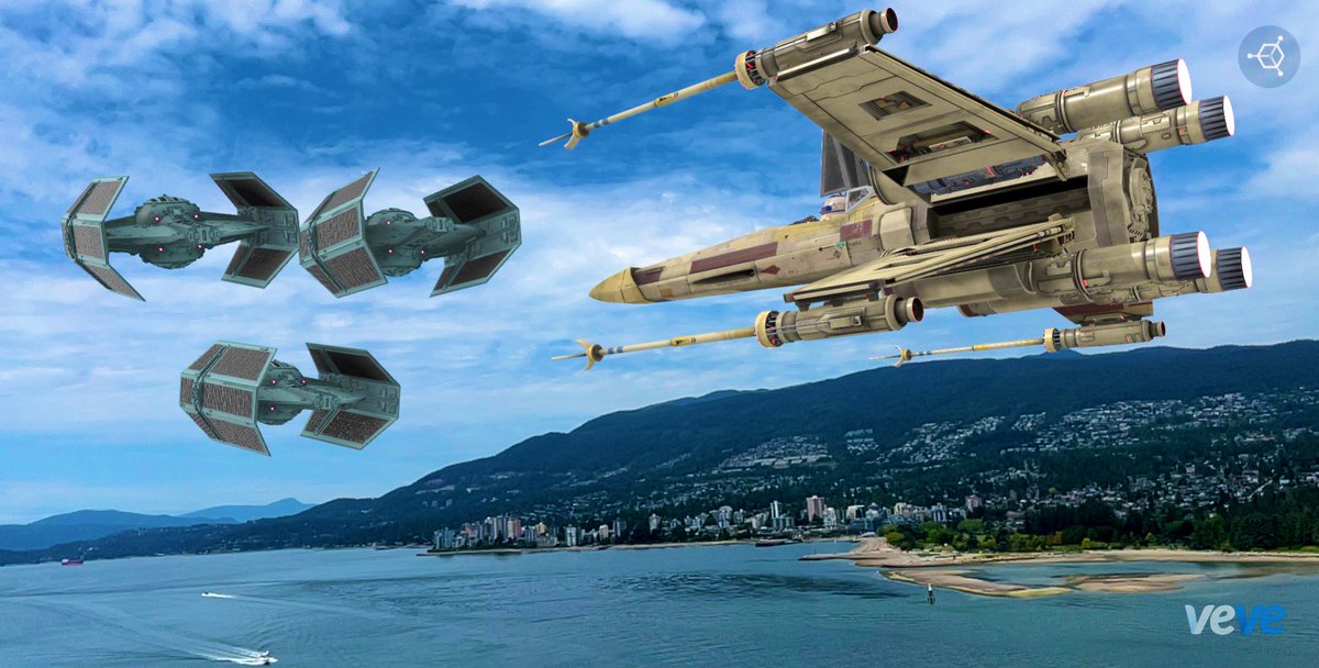 VeVe Digital Collectibles 🧡🤎
An X-wing is catching up to the fleeing TIE fighters 
<a href="/starwars/">Star Wars</a> 
In Augmented Reality 
<a href="/veve_official/">VeVe | Digital Collectibles</a>