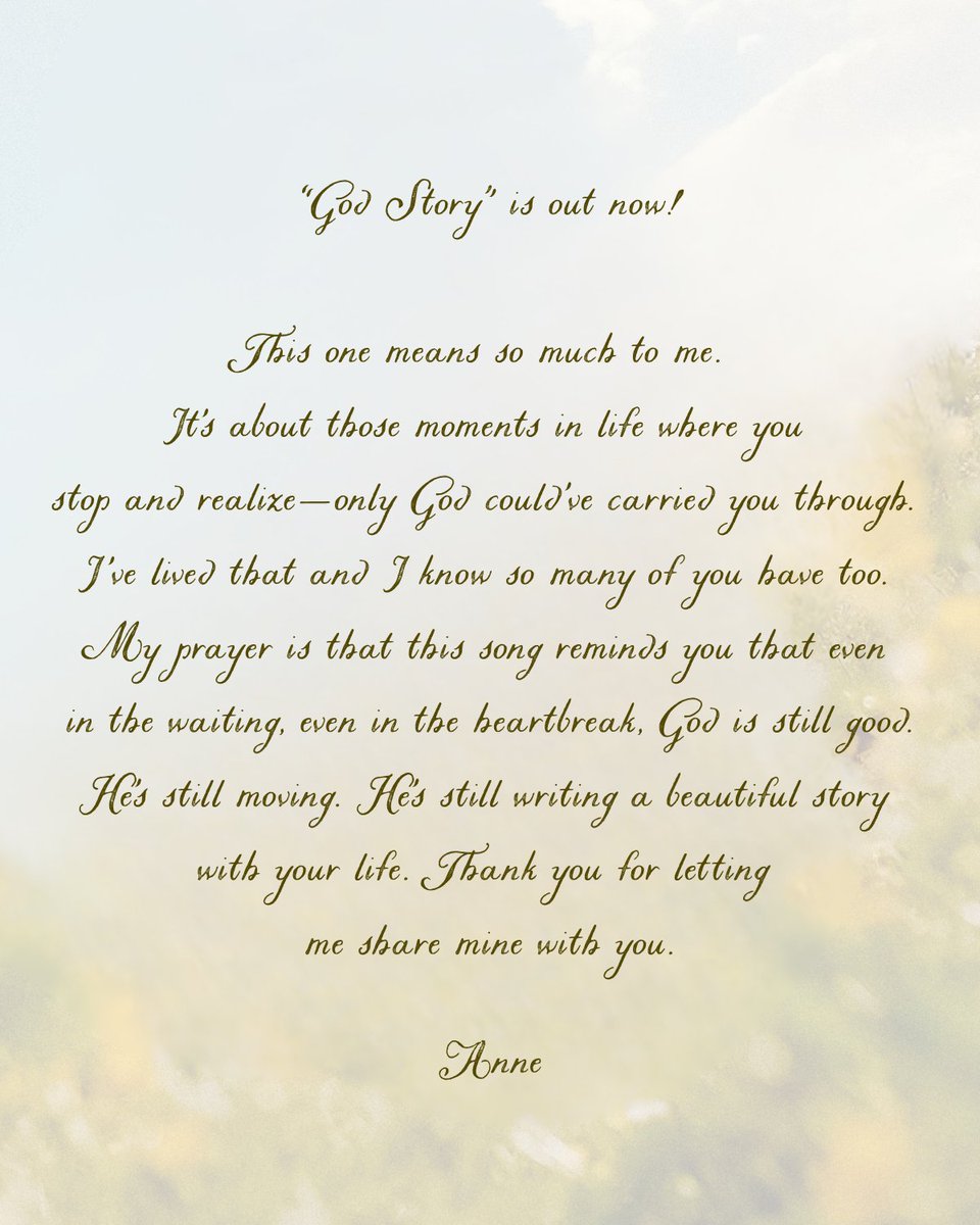 Annewilsonmusic's tweet image. “God Story” is out now! If you’ve lived through something that only He could’ve carried you through, this one’s for you. I hope you love it!! 💛 annewilson.lnk.to/godstoryTP