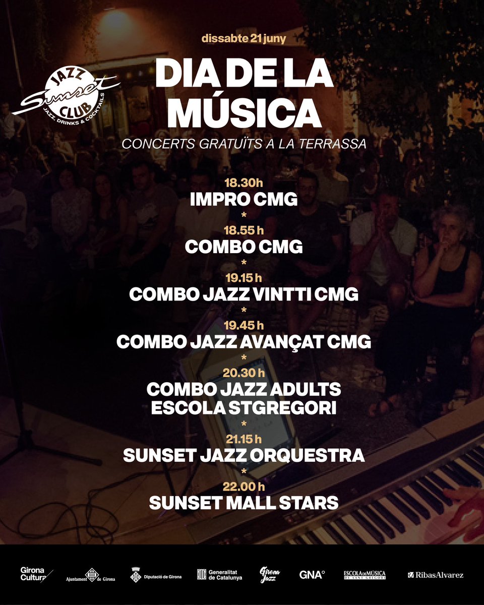 Dissabte 21 de juny, cinc hores de música en viu a l’escenari exterior per celebrar l’arribada de l’estiu. Us hi esperem! #GironaJazz #JoSocSunset