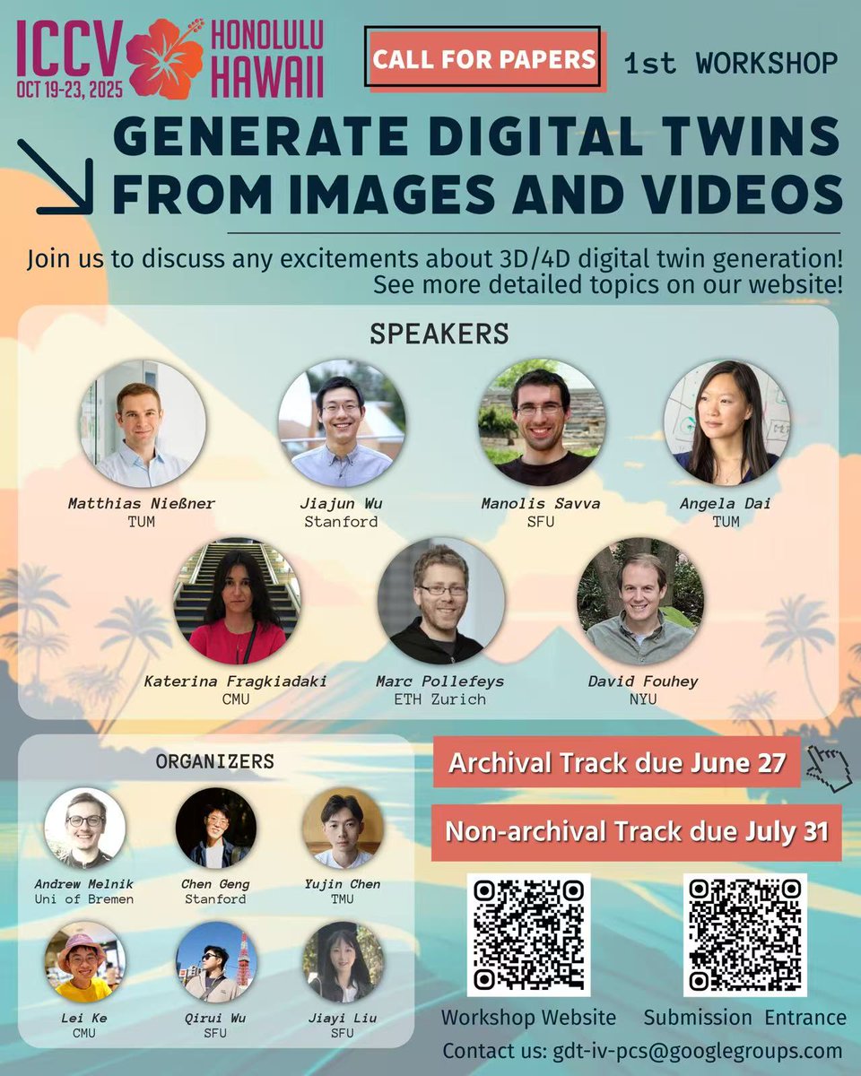 gengchen01's tweet image. 📢 Call for Papers - We are organizing @ICCVConference Workshop on Generating Digital Twins from Images and Videos (gDT-IV) at #ICCV2025! We welcome submissions in two tracks:
📅 Deadline for Archival Paper Track: June 27
⏰ Deadline for Non-Archival Paper Track: July 31
🌐…